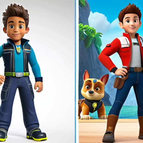Home 6 **Prompt:** "Ryder Paw Patrol evolution. Side-by-side comparison. On the left: Energetic young boy inventor with simple gadgets. On the right: Experienced, confident leader with advanced tech, calm demeanor. Background: Adventure Bay transforming from basic to futuristic."