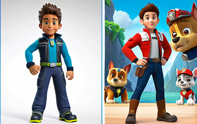 **Prompt:** "Ryder Paw Patrol evolution. Side-by-side comparison. On the left: Energetic young boy inventor with simple gadgets. On the right: Experienced, confident leader with advanced tech, calm demeanor. Background: Adventure Bay transforming from basic to futuristic."