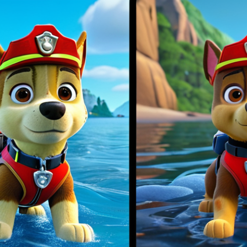 **Visual Evolution of PAW Patrol Animation**: A side-by-side comparison. On the left, an early season scene of Ryder and pups in Adventure Bay, depicted with simple 3D models, basic textures, flat lighting, and somewhat static character movements. On the right, a later season scene featuring the same characters with significantly enhanced detail, realistic fur textures, dynamic and complex lighting, subtle environmental effects (like water reflections or smoke), cinematic camera angles, and fluid, natural character motions during a rescue operation, highlighting the visual progression from basic to highly detailed and immersive graphics.