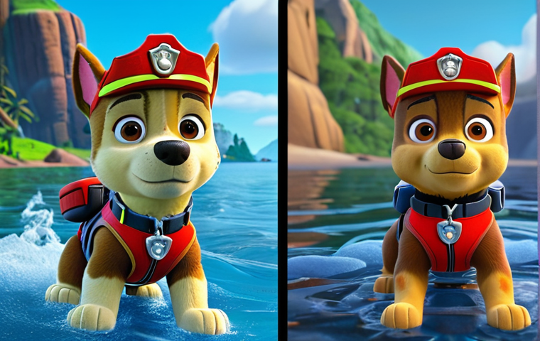 **Visual Evolution of PAW Patrol Animation**: A side-by-side comparison. On the left, an early season scene of Ryder and pups in Adventure Bay, depicted with simple 3D models, basic textures, flat lighting, and somewhat static character movements. On the right, a later season scene featuring the same characters with significantly enhanced detail, realistic fur textures, dynamic and complex lighting, subtle environmental effects (like water reflections or smoke), cinematic camera angles, and fluid, natural character motions during a rescue operation, highlighting the visual progression from basic to highly detailed and immersive graphics.