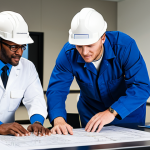A diverse team of professional community helpers, including an engineer in a hard hat, a medic in a clean uniform, and a leader in professional casual attire, are collaborating around a large, detailed blueprint on a table in a brightly lit, modern operations center. They are in natural poses, demonstrating teamwork and focused problem-solving. The scene emphasizes mutual aid and efficient communication. Fully clothed, appropriate attire, professional dress, safe for work, appropriate content, perfect anatomy, correct proportions, natural body proportions, well-formed hands, proper finger count, professional photography, high quality, family-friendly.