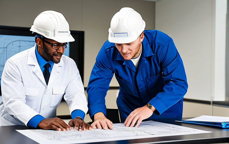 A diverse team of professional community helpers, including an engineer in a hard hat, a medic in a clean uniform, and a leader in professional casual attire, are collaborating around a large, detailed blueprint on a table in a brightly lit, modern operations center. They are in natural poses, demonstrating teamwork and focused problem-solving. The scene emphasizes mutual aid and efficient communication. Fully clothed, appropriate attire, professional dress, safe for work, appropriate content, perfect anatomy, correct proportions, natural body proportions, well-formed hands, proper finger count, professional photography, high quality, family-friendly.