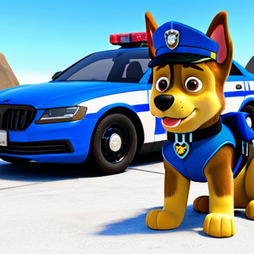 A professional German Shepherd police dog, Chase from Paw Patrol, standing proudly next to his advanced police cruiser. He is depicted in his iconic blue police uniform, complete with his hat and gear, showcasing his readiness for action. The scene is set in a vibrant, safe for work, outdoor environment in Adventure Bay, with the police cruiser's gadgets subtly visible, highlighting his technological prowess. The lighting is bright and clear, emphasizing a high-quality, professional photography style. Perfect anatomy, correct proportions, natural pose, well-defined paws, appropriate content, fully clothed, modest, family-friendly.
