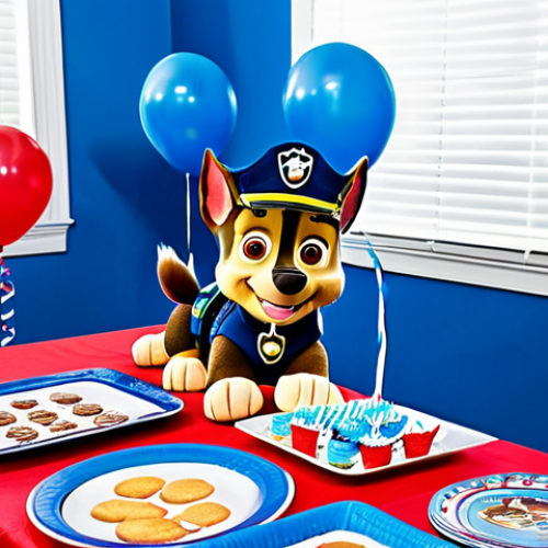 **

"A child's birthday party themed around Paw Patrol. The room is decorated with blue and red balloons. A cake with Chase (Gonchik) the police dog on top is on a table covered with Paw Patrol themed plates and cups. Children, fully clothed in appropriate attire, are laughing and playing games. safe for work, appropriate content, family-friendly, perfect anatomy, natural proportions, professional photography, high quality."

**