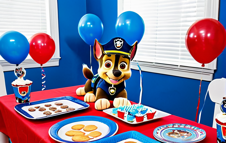 **

"A child's birthday party themed around Paw Patrol. The room is decorated with blue and red balloons. A cake with Chase (Gonchik) the police dog on top is on a table covered with Paw Patrol themed plates and cups. Children, fully clothed in appropriate attire, are laughing and playing games. safe for work, appropriate content, family-friendly, perfect anatomy, natural proportions, professional photography, high quality."

**