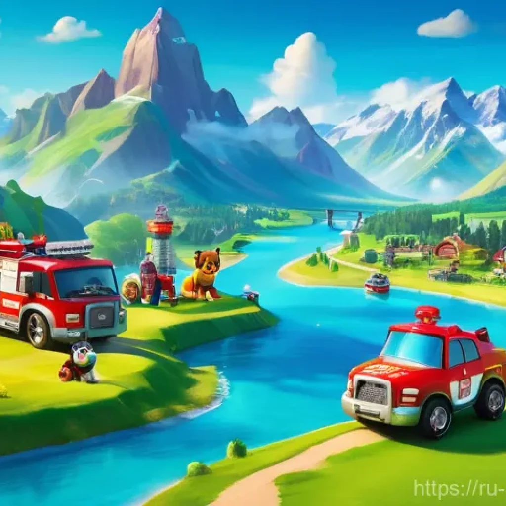퍼피구조대 게임 출시 정보 - A vibrant and colorful aerial view of Adventure Bay from PAW Patrol, showcasing its diverse landscap...