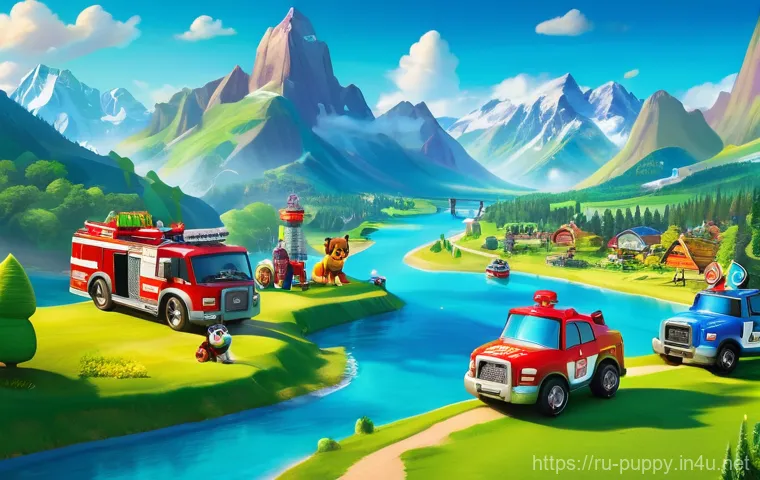 퍼피구조대 게임 출시 정보 - A vibrant and colorful aerial view of Adventure Bay from PAW Patrol, showcasing its diverse landscap...