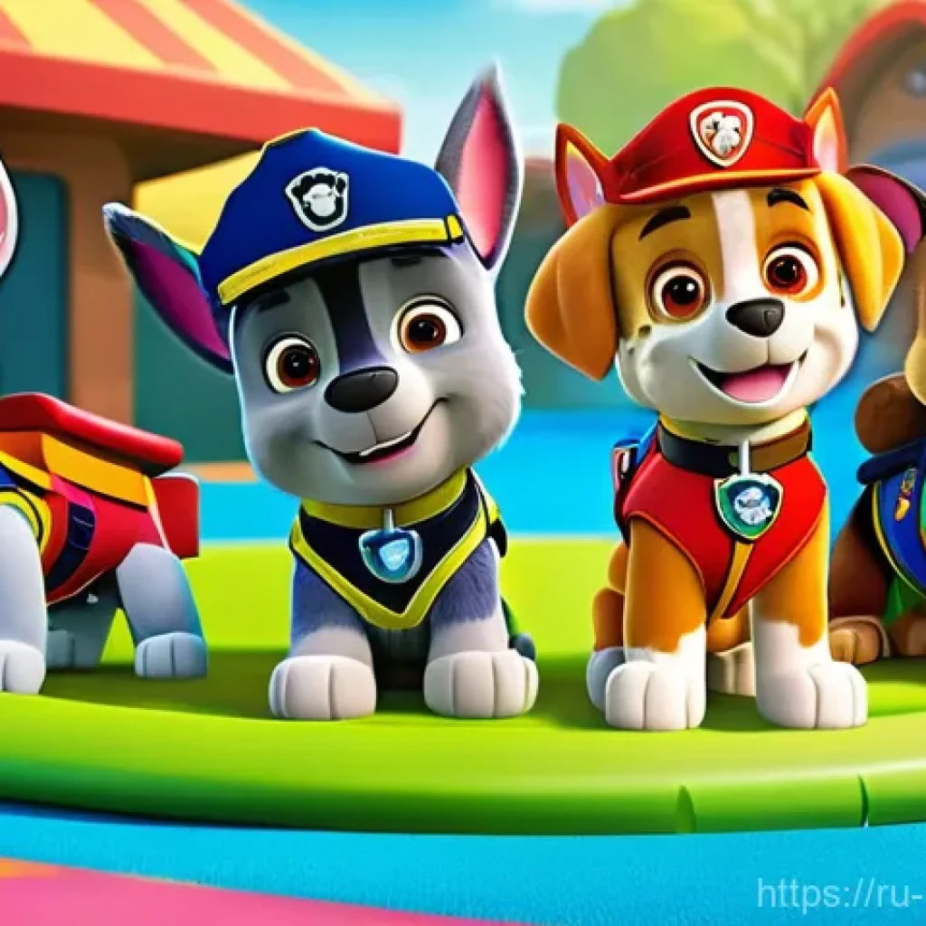퍼피구조대 에피소드 기반 교훈 - **Prompt:** A vibrant, heartwarming scene featuring the entire Paw Patrol team – Chase, Marshall, Sk...