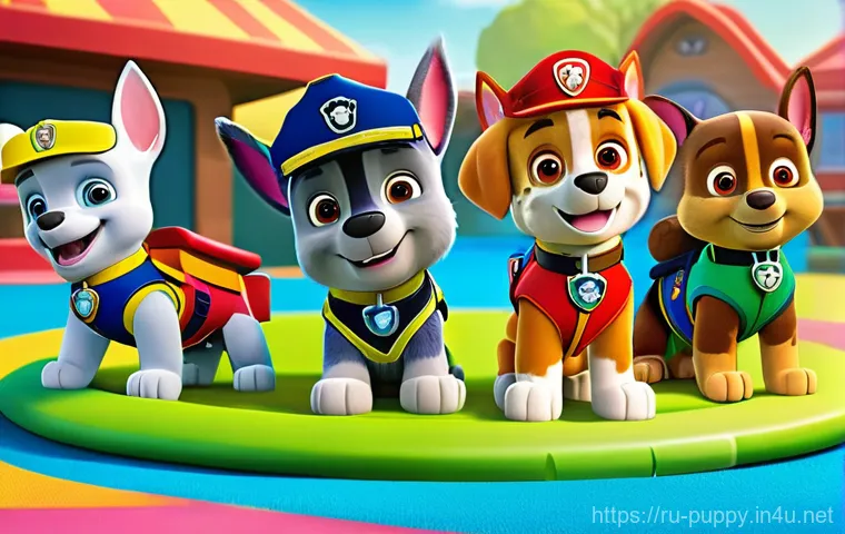 퍼피구조대 에피소드 기반 교훈 - **Prompt:** A vibrant, heartwarming scene featuring the entire Paw Patrol team – Chase, Marshall, Sk...