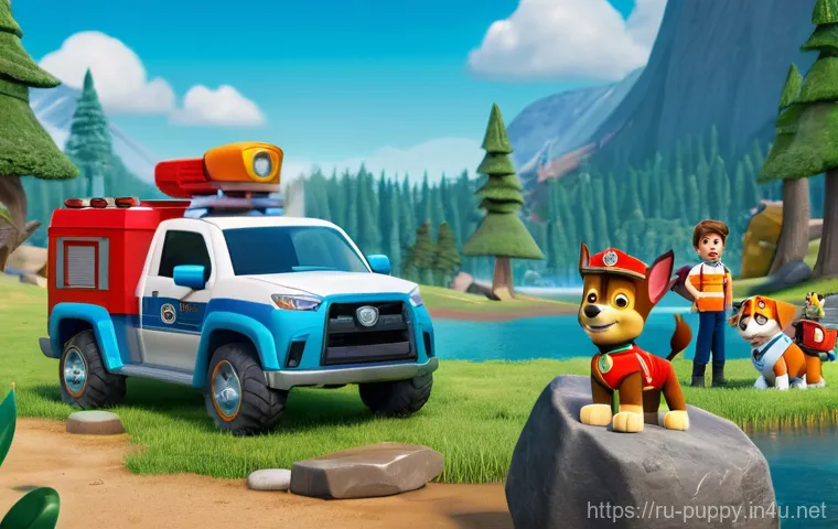 퍼피구조대 에피소드 기반 교훈 - **Prompt:** A vibrant, heartwarming scene featuring the entire Paw Patrol team – Chase, Marshall, Sk...