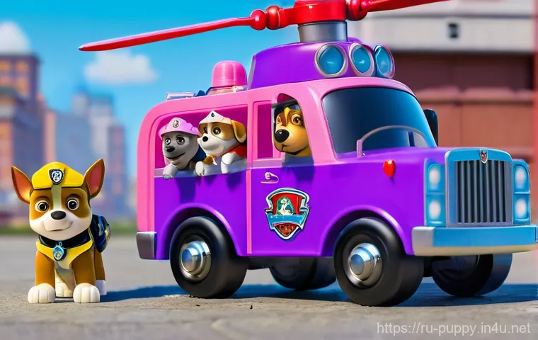 퍼피구조대 캐릭터별 장난감 리뷰 - **Dynamic Rescue Mission with Pups and Vehicles:**
    "A vibrant, action-packed animated scene feat...