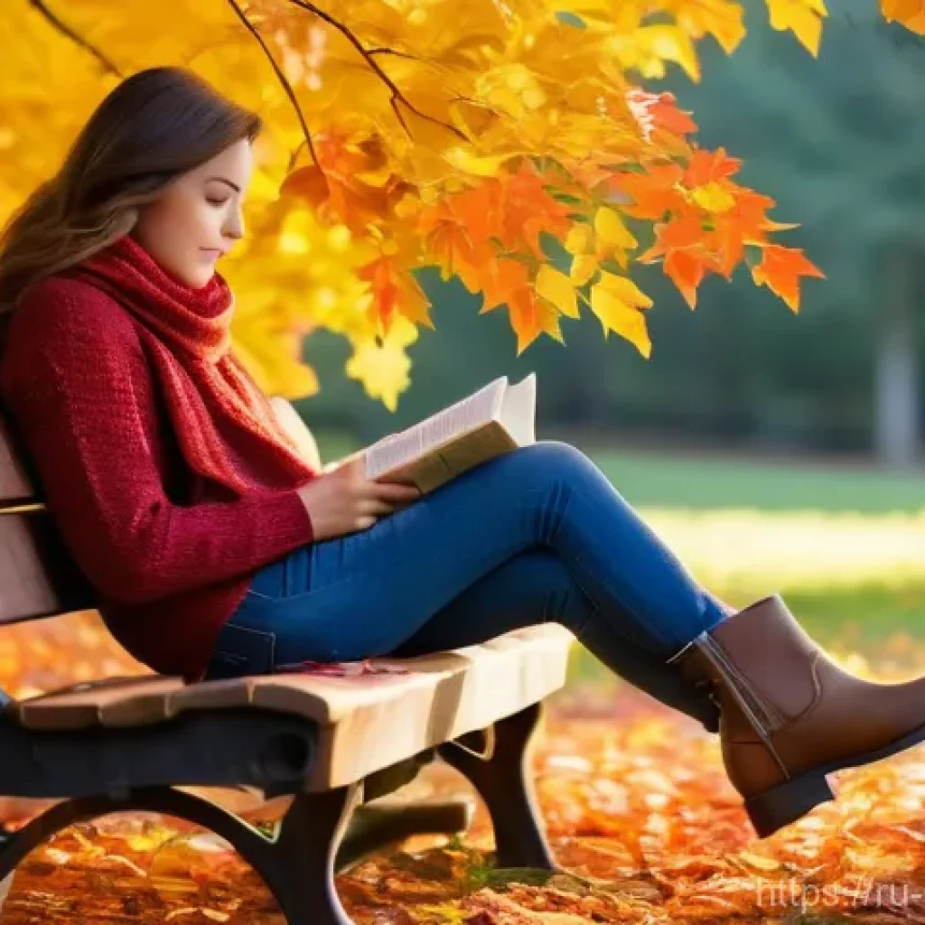 퍼피구조대 애니메이션의 애니메이터 - A serene autumn park scene. A young woman, approximately 20-25 years old, is sitting on a rustic woo...