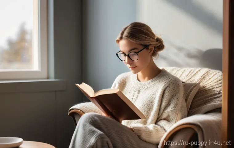 퍼피구조대 글로벌 유통 현황 - A serene indoor scene featuring a young woman in her mid-20s, wearing comfortable, modest loungewear...