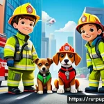 Home 17 퍼피구조대 상징적 에피소드 - A vibrant scene of a team of animated rescue puppies in colorful uniforms, each showcasing unique pe...