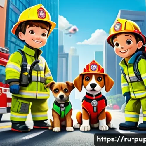 Home 29 퍼피구조대 상징적 에피소드 - A vibrant scene of a team of animated rescue puppies in colorful uniforms, each showcasing unique pe...