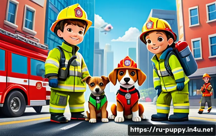 퍼피구조대 상징적 에피소드 - A vibrant scene of a team of animated rescue puppies in colorful uniforms, each showcasing unique pe...