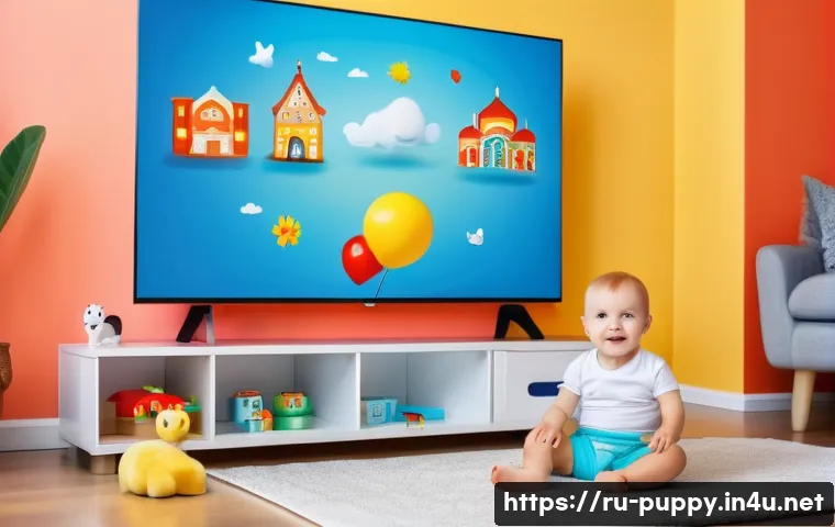 퍼피구조대 영상 콘텐츠 플랫폼 - A cozy family living room scene featuring a young Russian toddler wearing a colorful diaper, sitting...