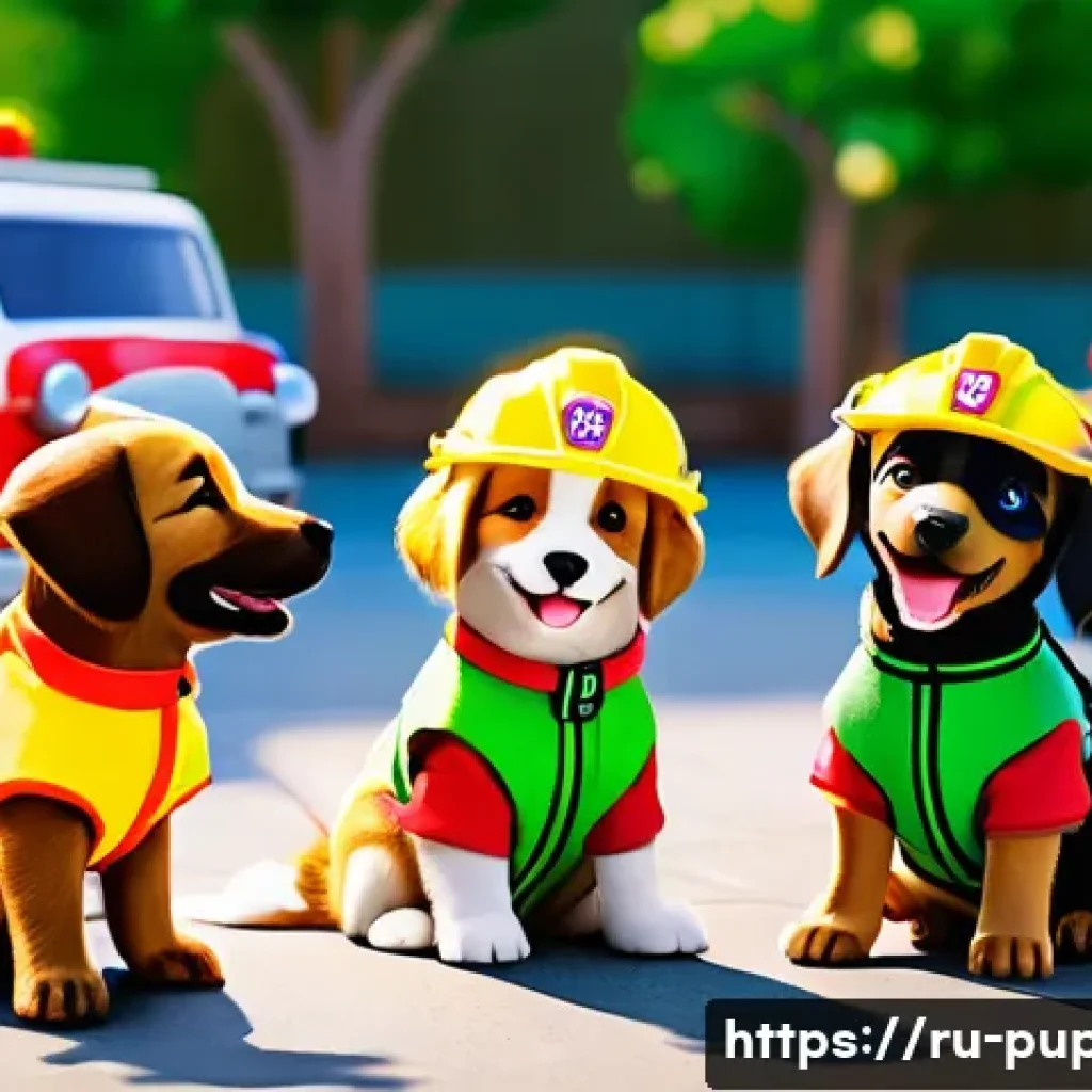 퍼피구조대 글로벌 인기 이유 - A vibrant and colorful scene featuring a group of animated puppies dressed in cute, child-appropriat...