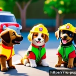 Home 21 퍼피구조대 글로벌 인기 이유 - A vibrant and colorful scene featuring a group of animated puppies dressed in cute, child-appropriat...