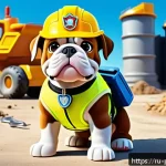 Home 19 퍼피구조대 루블 특징 - A detailed illustration of Rubble from Paw Patrol as a strong and energetic English Bulldog puppy we...