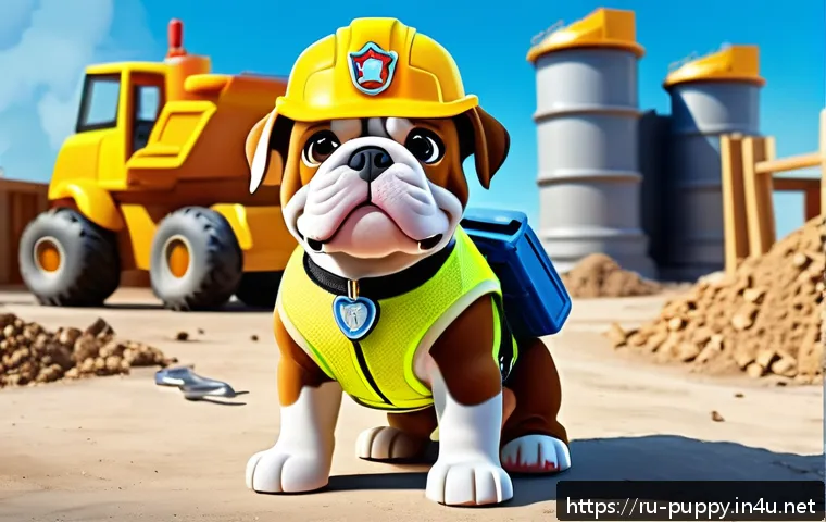 퍼피구조대 루블 특징 - A detailed illustration of Rubble from Paw Patrol as a strong and energetic English Bulldog puppy we...