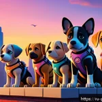 Home 18 퍼피구조대 영화화 가능성 - A vibrant 3D animated scene of a courageous puppy team standing together on a colorful city rooftop ...