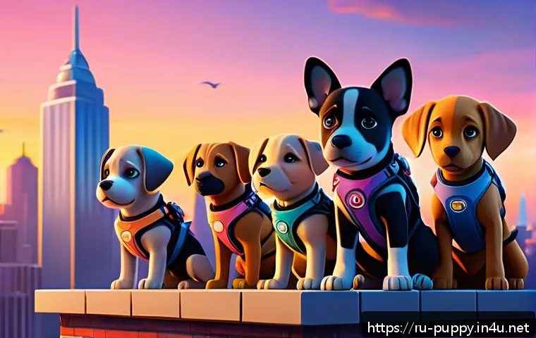 퍼피구조대 영화화 가능성 - A vibrant 3D animated scene of a courageous puppy team standing together on a colorful city rooftop ...