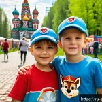 Home 23 퍼피구조대와 팬들과의 협업 - A vibrant fan art festival scene set in a modern Moscow park during spring, showcasing diverse Russi...
