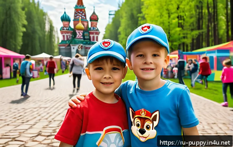퍼피구조대와 팬들과의 협업 - A vibrant fan art festival scene set in a modern Moscow park during spring, showcasing diverse Russi...