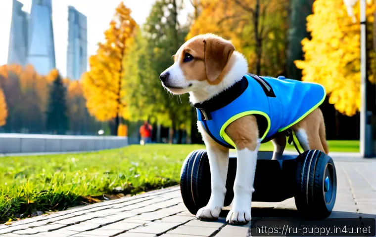 Home 17 퍼피구조대의 미래 전망 - Photorealistic futuristic search-and-rescue puppy wearing a plain blue safety vest, standing beside ...