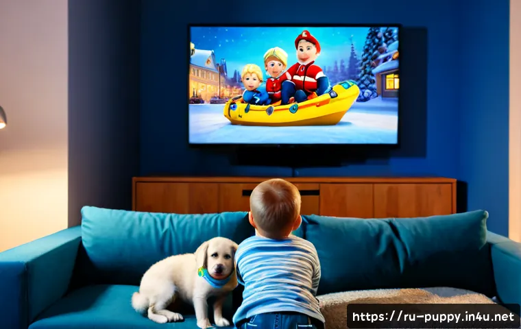 Home 17 퍼피구조대 방영 스케줄 - Photorealistic cozy Russian family living room, a parent and two young children sitting on a sofa wa...