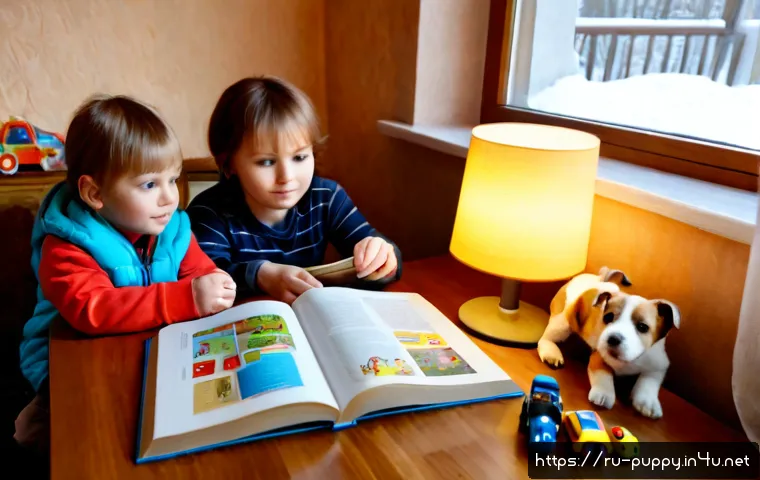 퍼피구조대 가이드북 - Photorealistic cozy family living room in a Russian apartment, a parent and young child sitting at a...