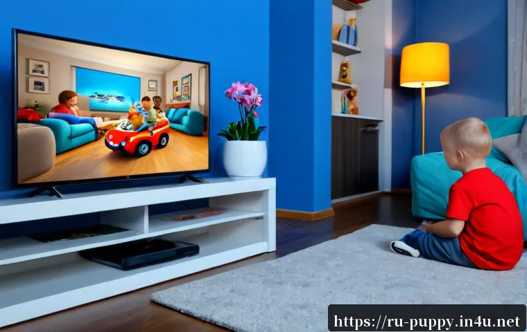 퍼피구조대 방송 후원사 - Photorealistic cozy Russian family living room, a cheerful parent and child watching a generic anima...
