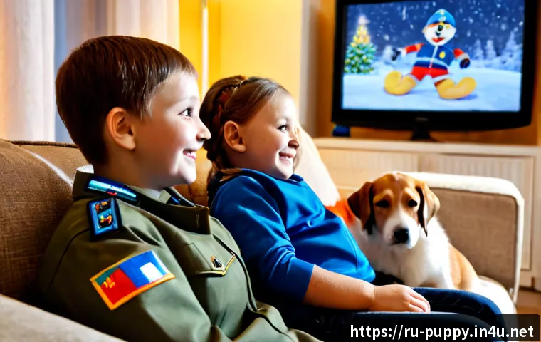 퍼피구조대 해외 인기 요인 - Photorealistic cozy family living room in Moscow during a snowy evening, two children and their pare...